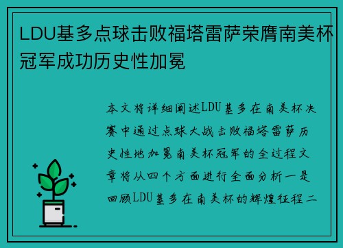 LDU基多点球击败福塔雷萨荣膺南美杯冠军成功历史性加冕 LDU基多点球击败福塔雷萨荣膺南美杯冠军成功历史性加冕