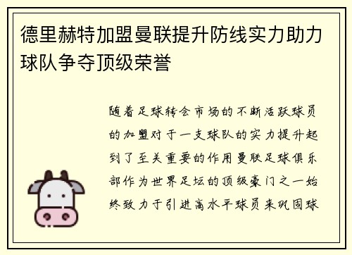 德里赫特加盟曼联提升防线实力助力球队争夺顶级荣誉